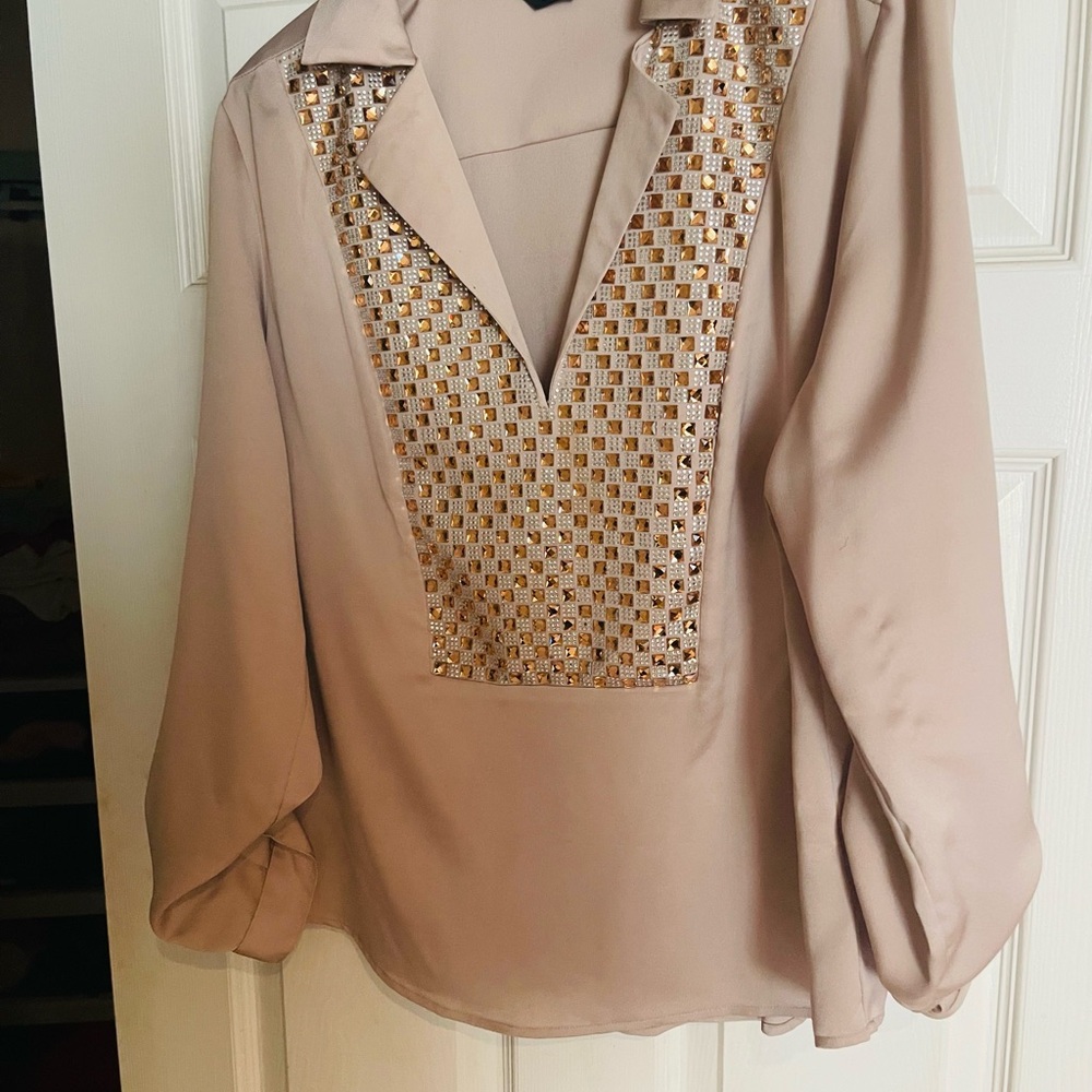 Bebe Beige Blouse with Gold Detailing